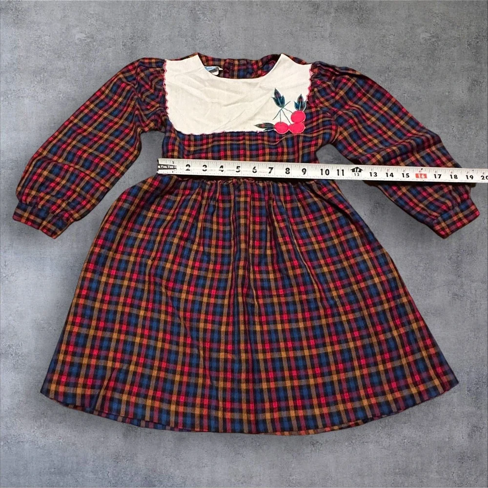 Vintage ady Girls‎ Plaid Dress Cherry Embroidery Long Sleeve Prairie Size 4 5